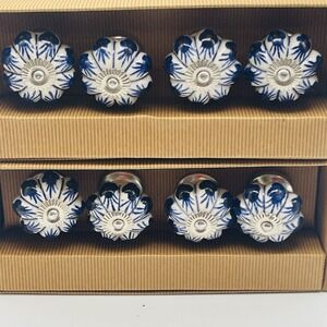 Blue and White Ceramic Cabinet Knobs Cupboard Drawer Pull Set of 8 Silver NIB